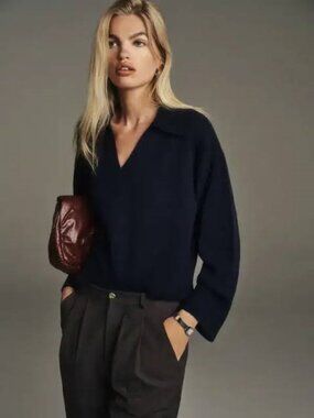Reformation collared  long sweater cashmere navy blue V-neck  size large